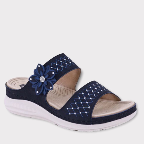 Italina Black Rosette Flower Embellished Slip-On Padded Slide Wedge Sandals - Picture 4 of 4